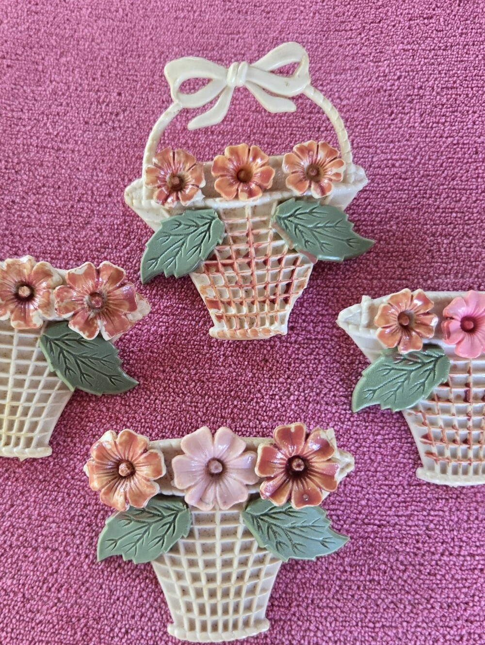 Vintage Celluloid Flower Basket Pins Pink and Green Floral Accents Simple